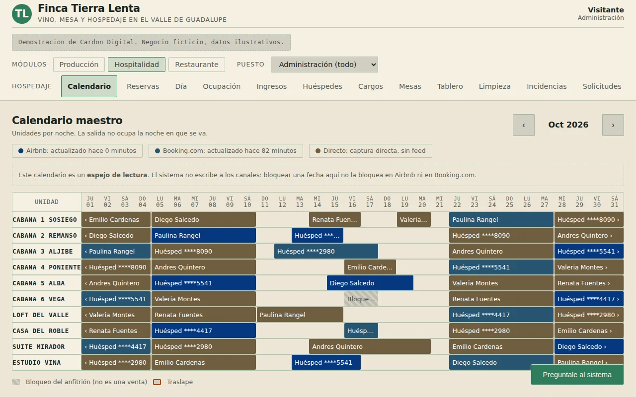 The Hospitality module of the demo: the master calendar of October, ten units down the side and the nights of the month across, each booking a bar coloured by its channel. Invented property, illustrative data.