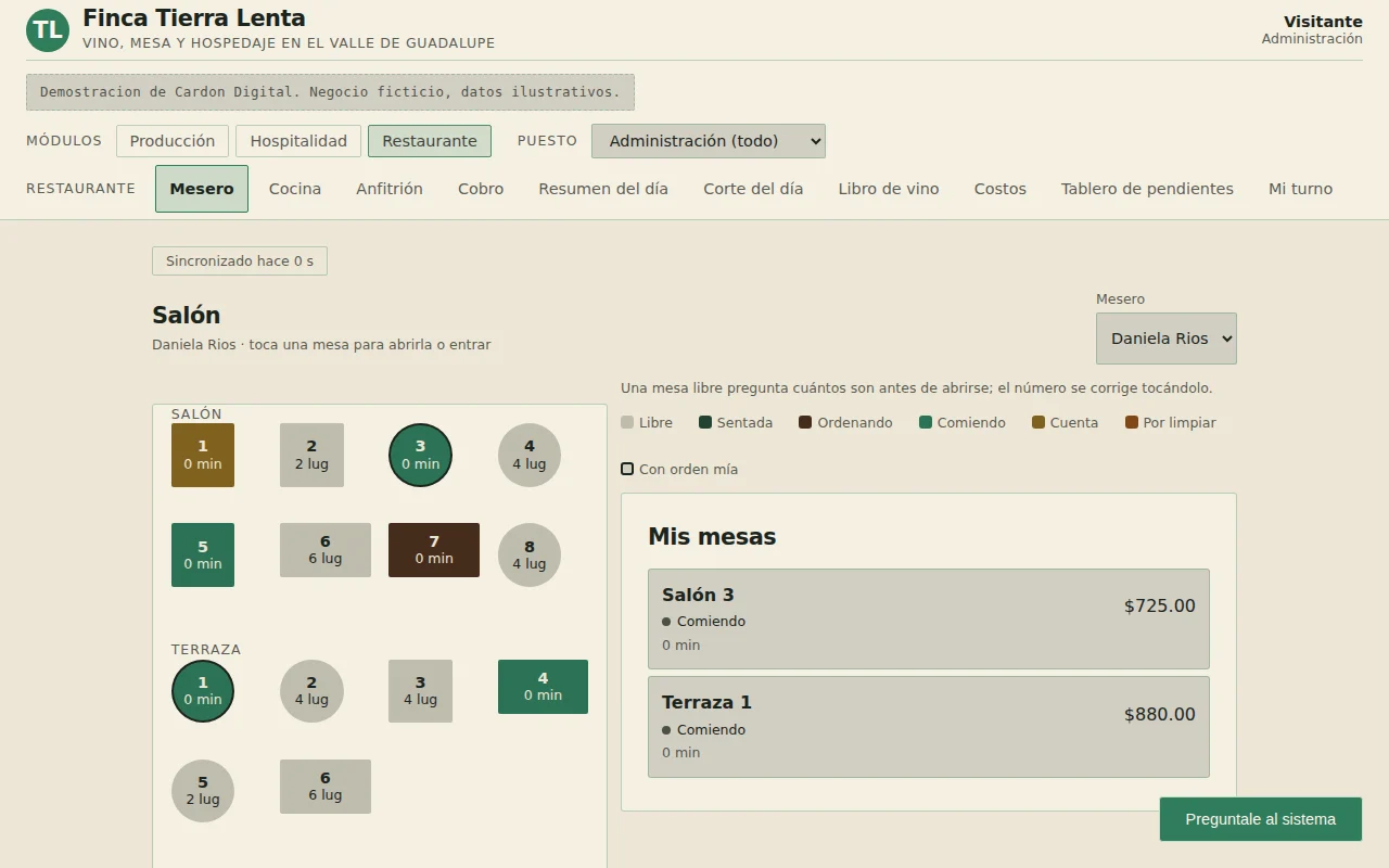 The Restaurant module of the demo: the waiter's floor with the tables of the dining room, the terrace and the garden, each one showing its state and its minutes, and the waiter's own tables with their running totals. Invented restaurant, illustrative data.