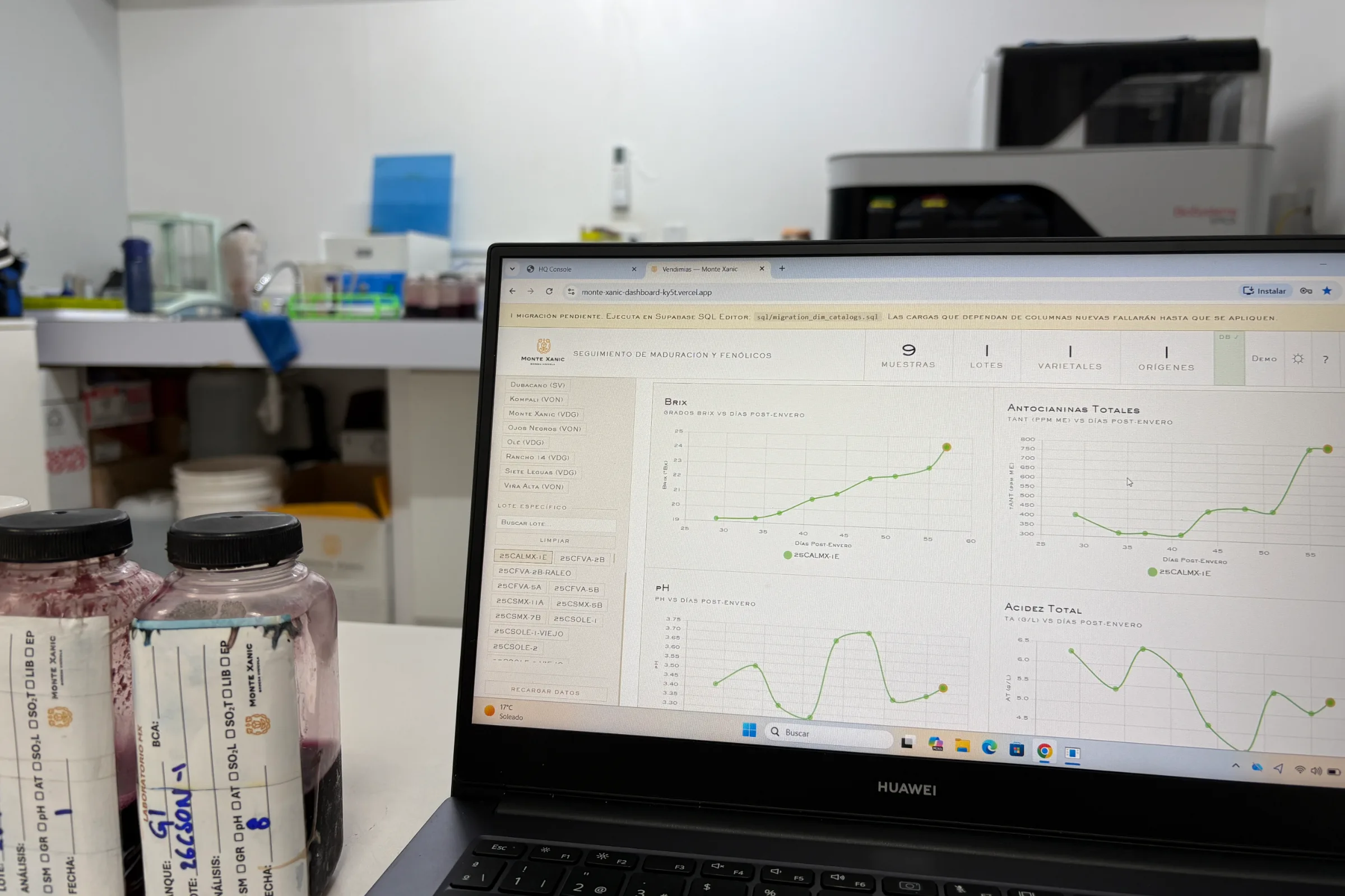 A laptop on the lab bench, samples beside it, the season's charts on screen